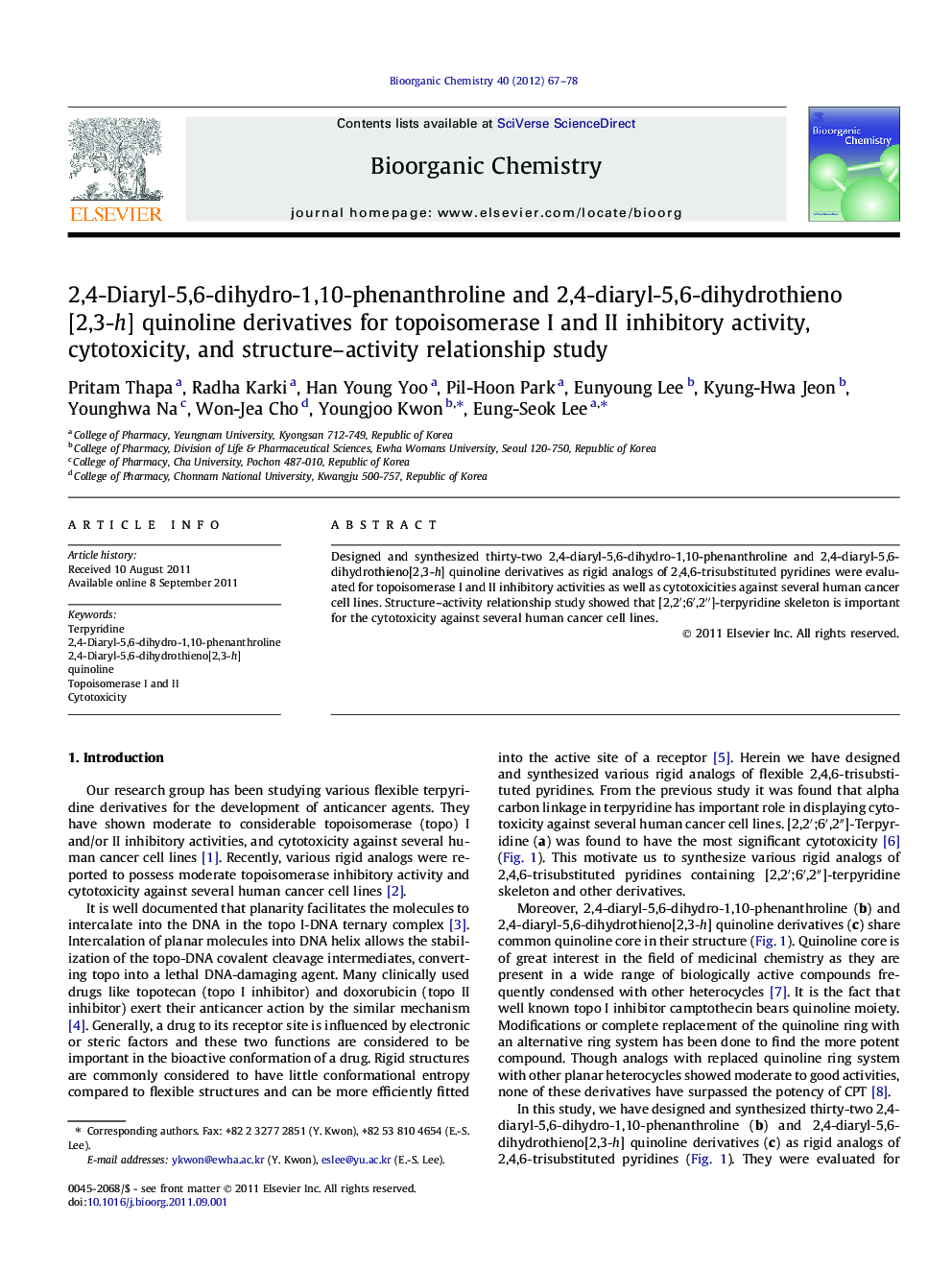 2,4-Diaryl-5,6-dihydro-1,10-phenanthroline and 2,4-diaryl-5,6-dihydrothieno[2,3-h] quinoline derivatives for topoisomerase I and II inhibitory activity, cytotoxicity, and structure-activity relationship study