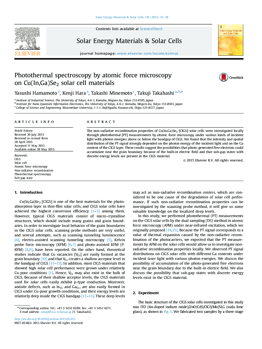 Photothermal spectroscopy by atomic force microscopy on Cu(In,Ga)Se2 solar cell materials