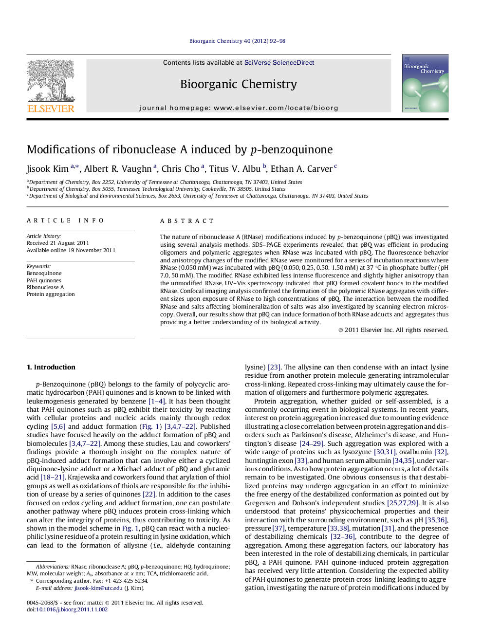 Modifications of ribonuclease A induced by p-benzoquinone