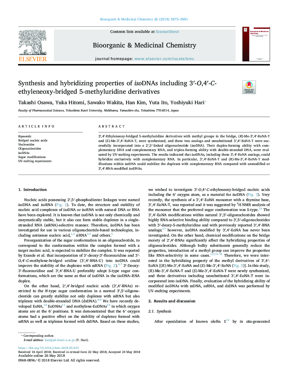 Synthesis and hybridizing properties of isoDNAs including 3â²-O,4â²-C-ethyleneoxy-bridged 5-methyluridine derivatives