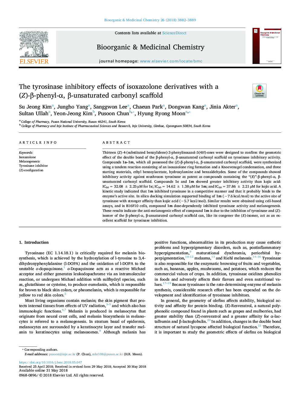 The tyrosinase inhibitory effects of isoxazolone derivatives with a (Z)-Î²-phenyl-Î±, Î²-unsaturated carbonyl scaffold