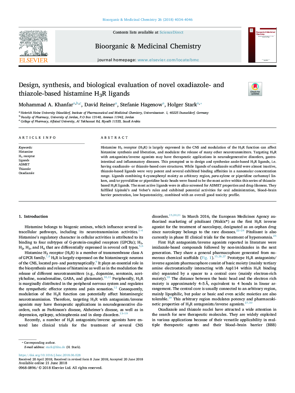 Design, synthesis, and biological evaluation of novel oxadiazole- and thiazole-based histamine H3R ligands