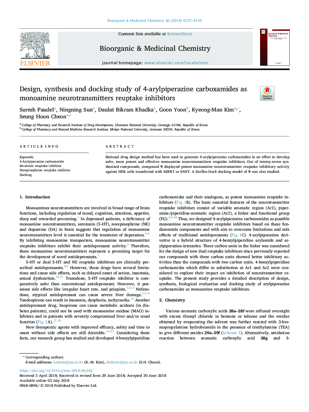 Design, synthesis and docking study of 4-arylpiperazine carboxamides as monoamine neurotransmitters reuptake inhibitors