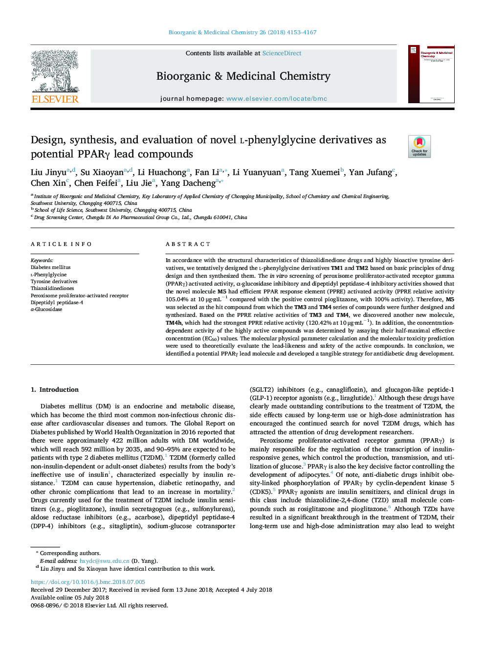 Design, synthesis, and evaluation of novel l-phenylglycine derivatives as potential PPARÎ³ lead compounds