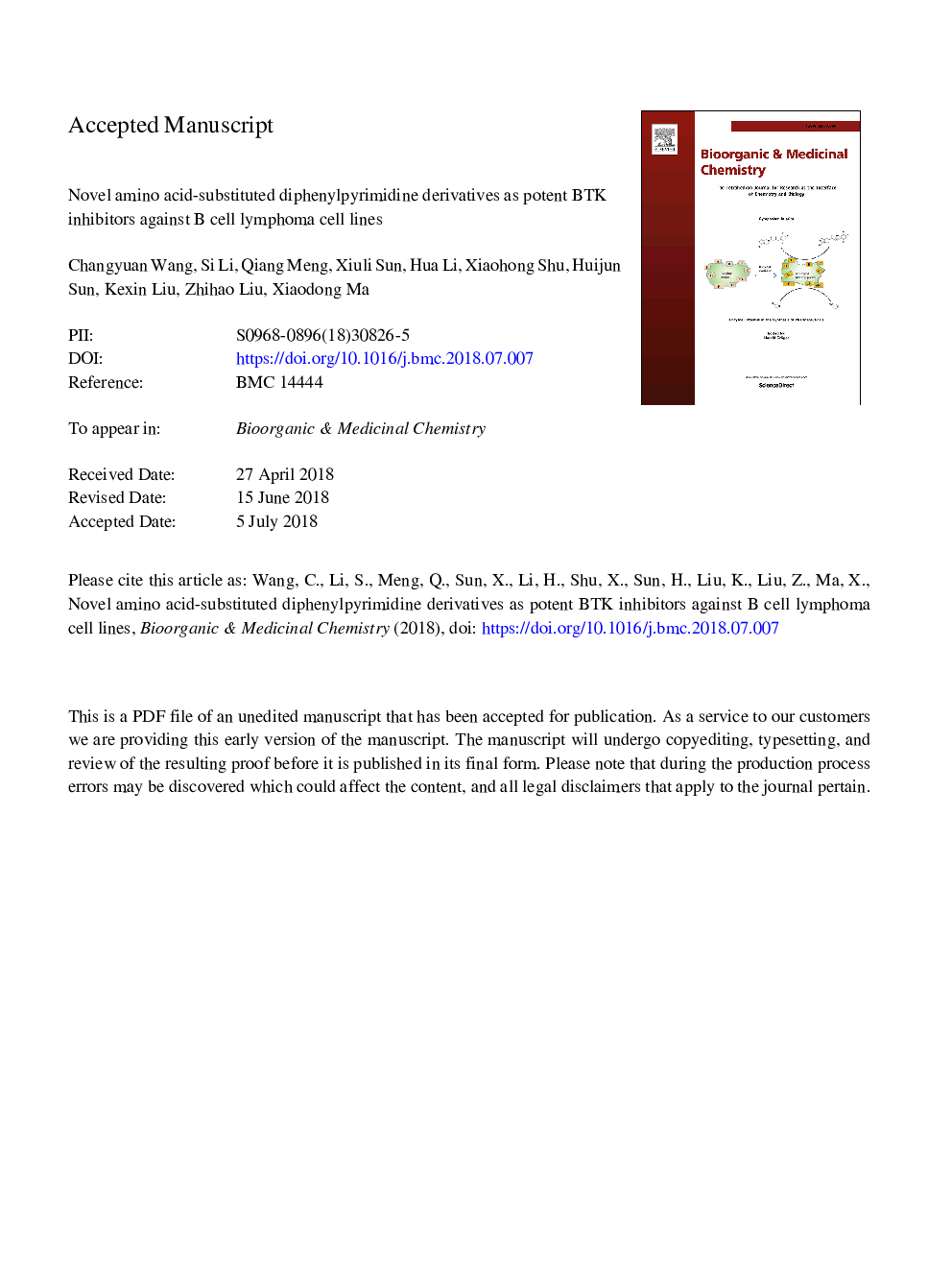 عکس صفحه اول مقاله: Novel amino acid-substituted diphenylpyrimidine derivatives as potent BTK inhibitors against B cell lymphoma cell lines Novel amino acid-substituted diphenylpyrimidine derivatives as potent BTK inhibitors against B cell lymphoma cell lines