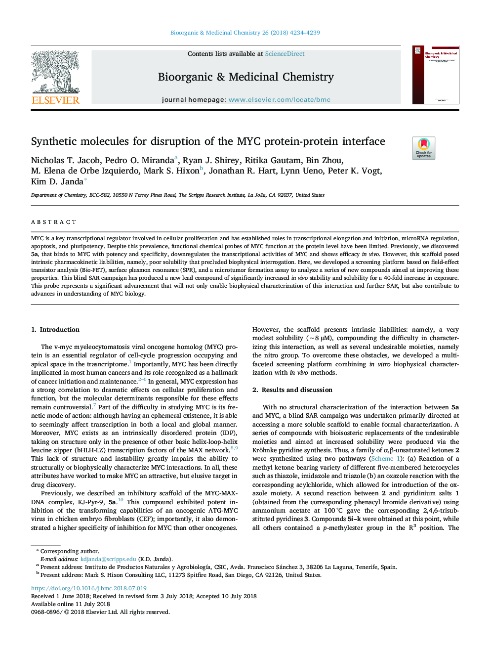 عکس صفحه اول مقاله: Synthetic molecules for disruption of the MYC protein-protein interface Synthetic molecules for disruption of the MYC protein-protein interface