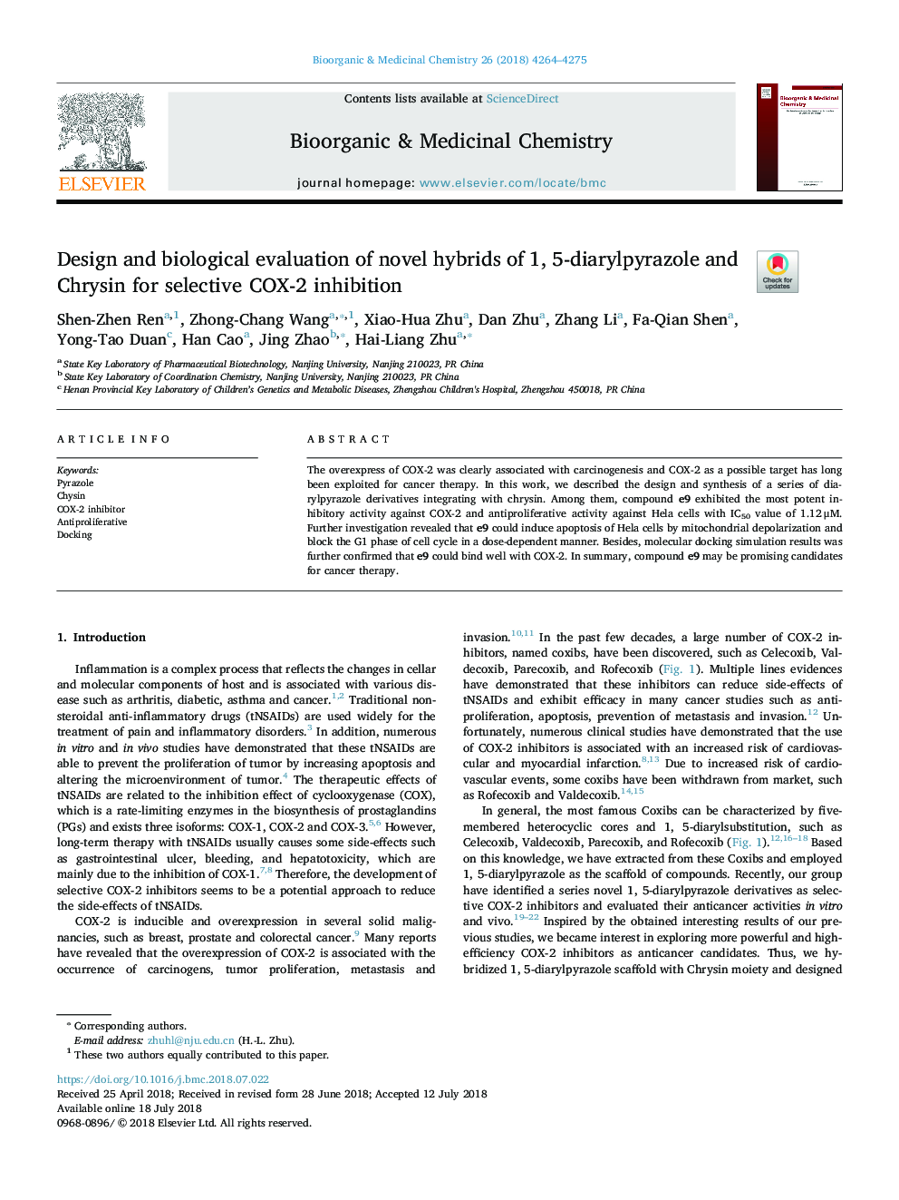 Design and biological evaluation of novel hybrids of 1, 5-diarylpyrazole and Chrysin for selective COX-2 inhibition