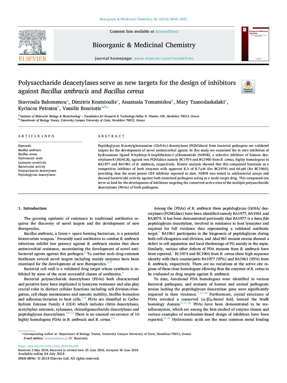 Polysaccharide deacetylases serve as new targets for the design of inhibitors against Bacillus anthracis and Bacillus cereus