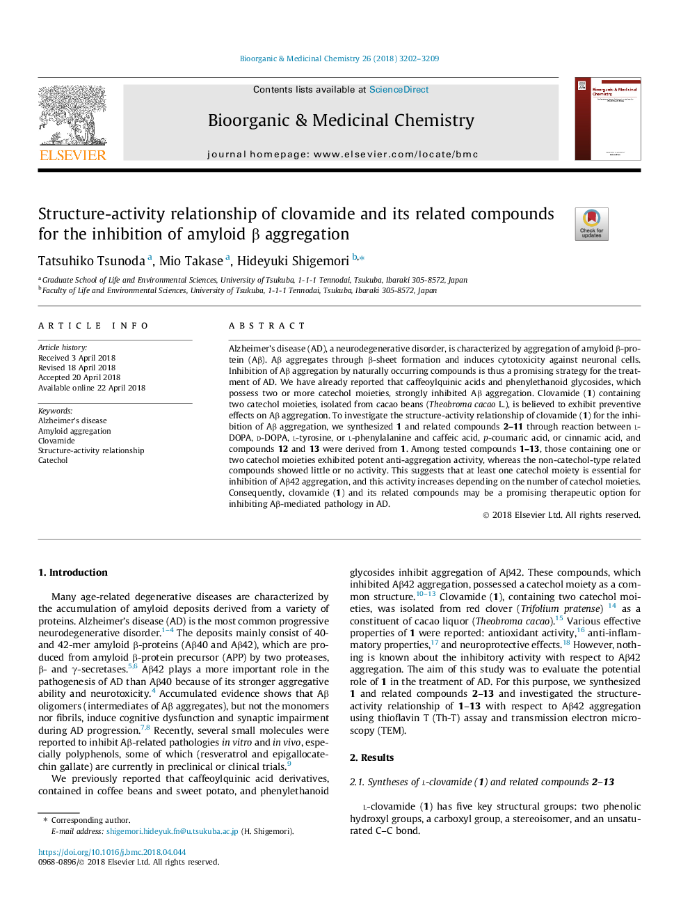 Structure-activity relationship of clovamide and its related compounds for the inhibition of amyloid Î² aggregation