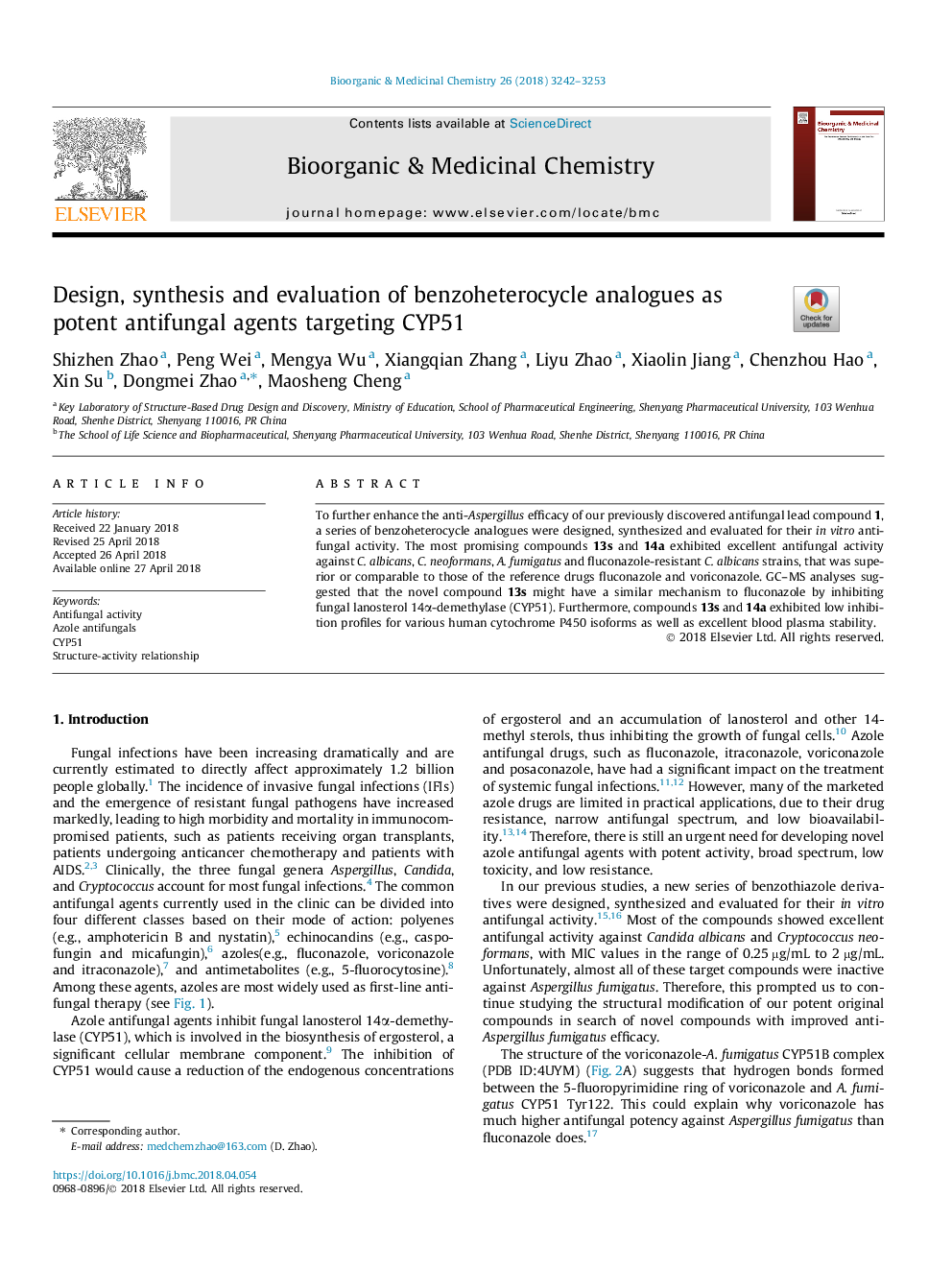 Design, synthesis and evaluation of benzoheterocycle analogues as potent antifungal agents targeting CYP51