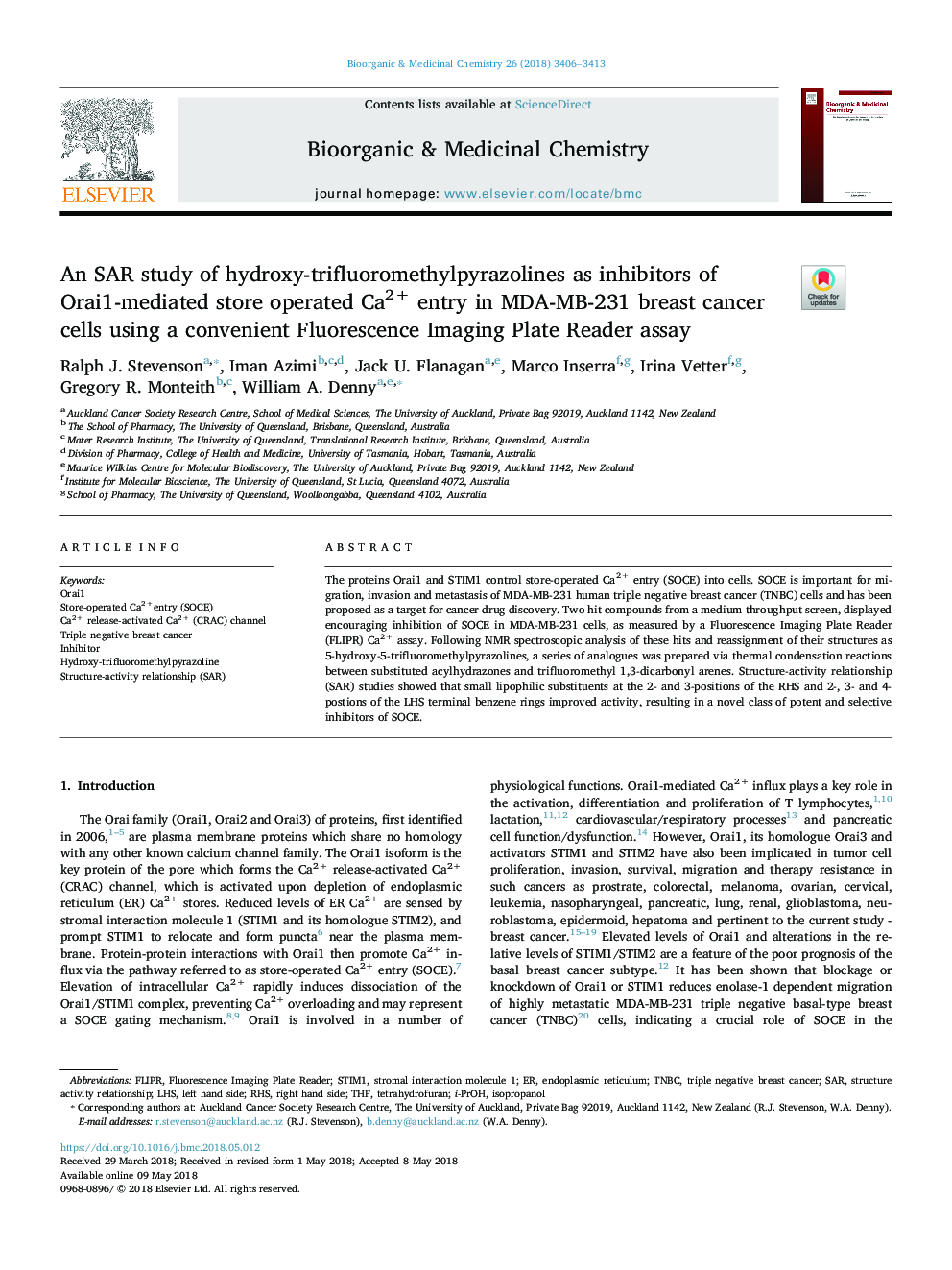 An SAR study of hydroxy-trifluoromethylpyrazolines as inhibitors of Orai1-mediated store operated Ca2+ entry in MDA-MB-231 breast cancer cells using a convenient Fluorescence Imaging Plate Reader assay