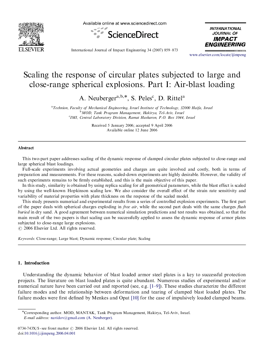 Scaling the response of circular plates subjected to large and close-range spherical explosions. Part I: Air-blast loading