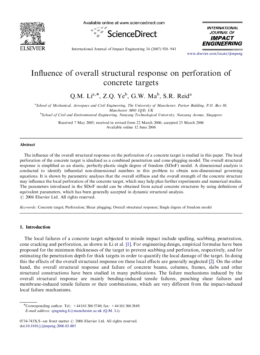 Influence of overall structural response on perforation of concrete targets