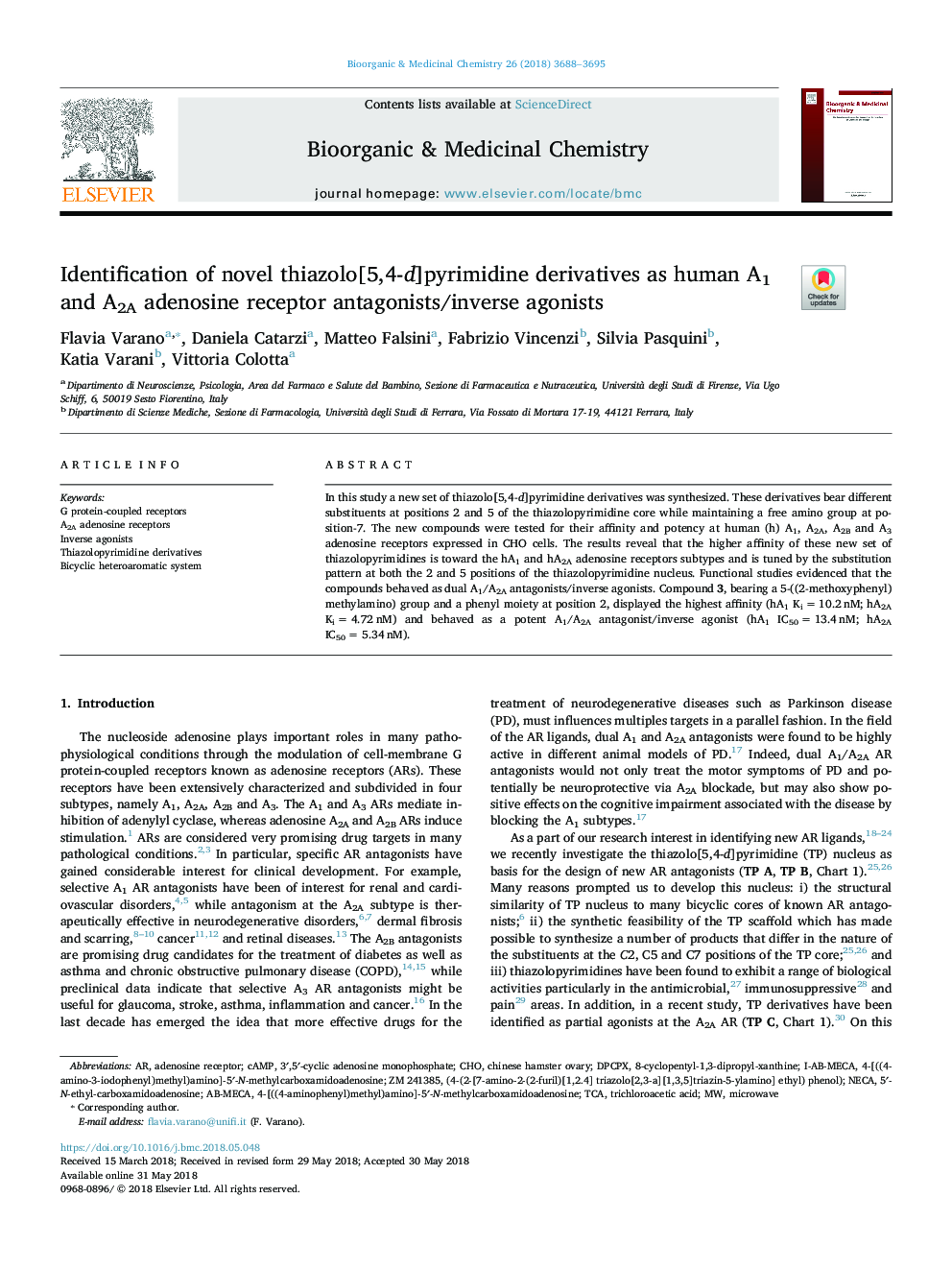 Identification of novel thiazolo[5,4-d]pyrimidine derivatives as human A1 and A2A adenosine receptor antagonists/inverse agonists