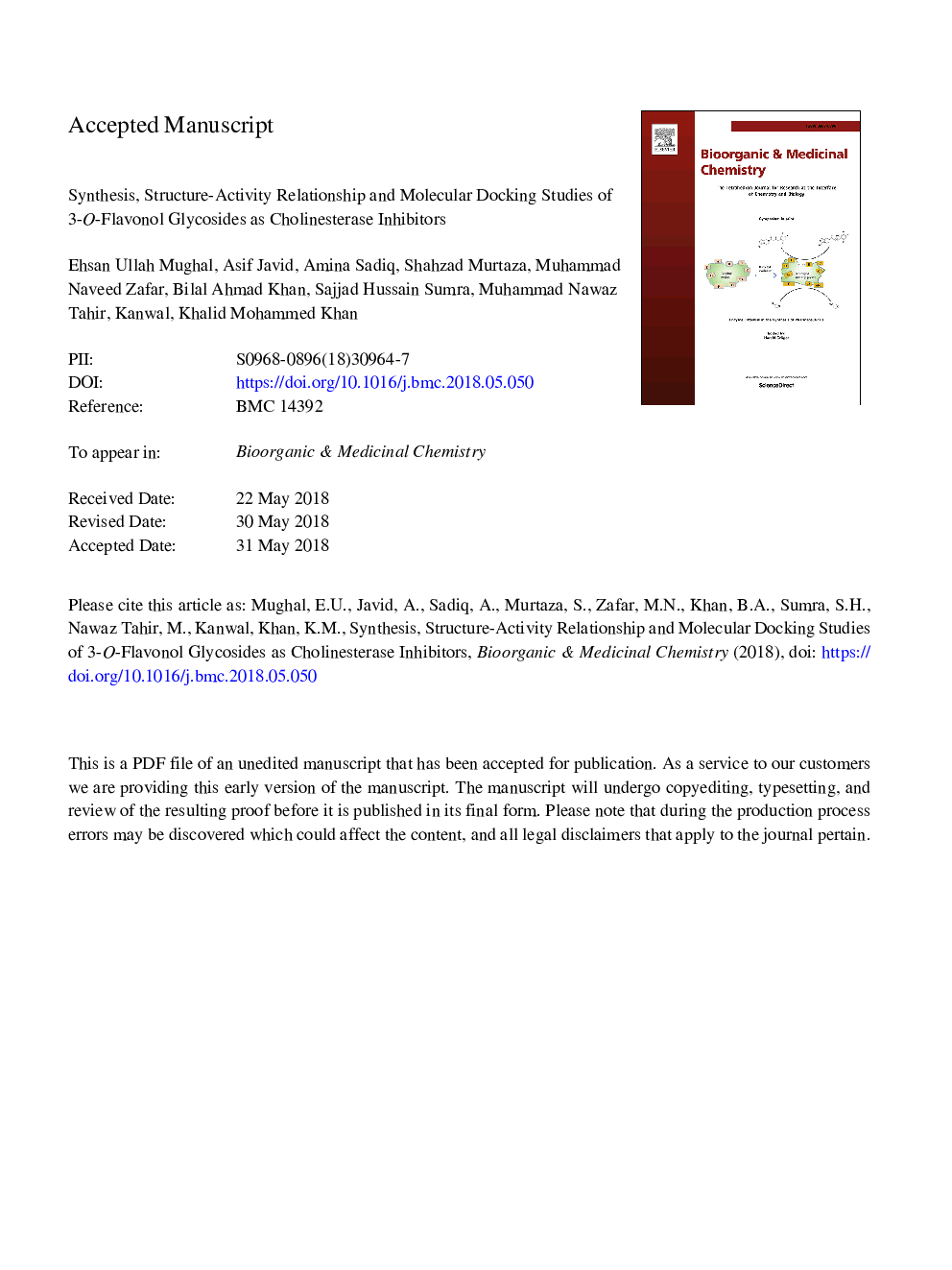 Synthesis, structure-activity relationship and molecular docking studies of 3-O-flavonol glycosides as cholinesterase inhibitors