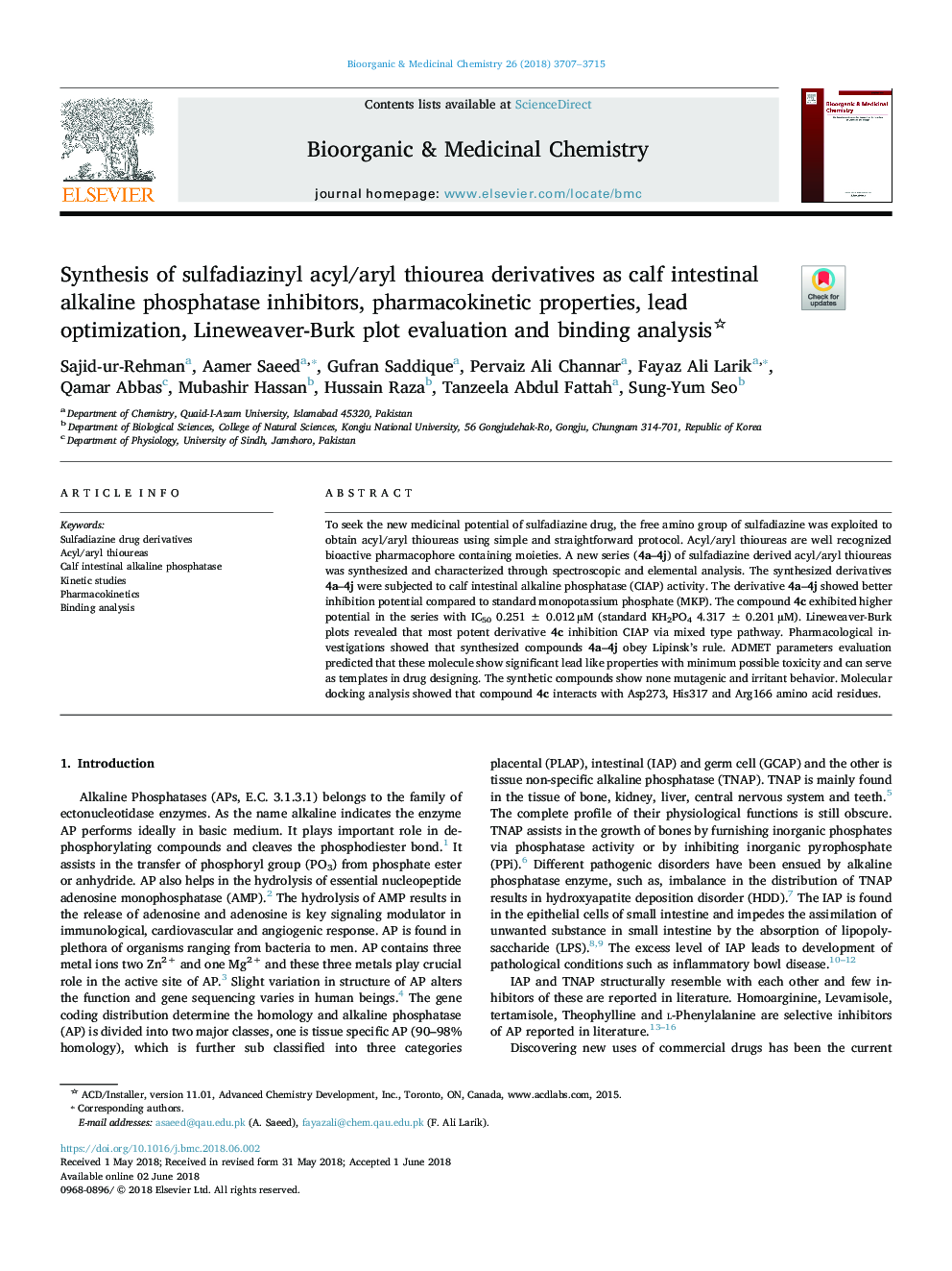 Synthesis of sulfadiazinyl acyl/aryl thiourea derivatives as calf intestinal alkaline phosphatase inhibitors, pharmacokinetic properties, lead optimization, Lineweaver-Burk plot evaluation and binding analysis