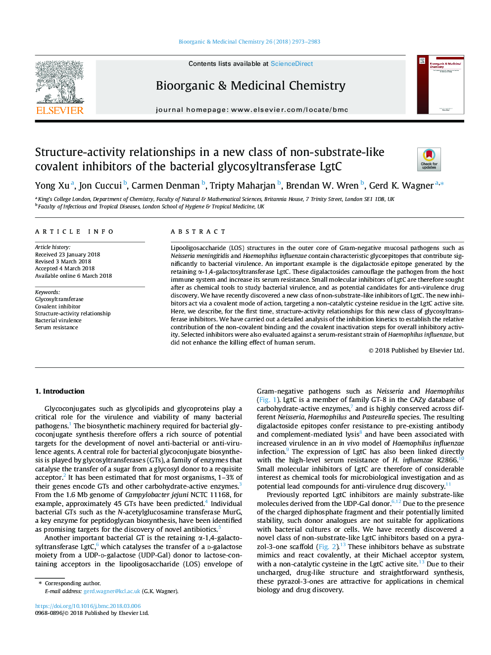 Structure-activity relationships in a new class of non-substrate-like covalent inhibitors of the bacterial glycosyltransferase LgtC