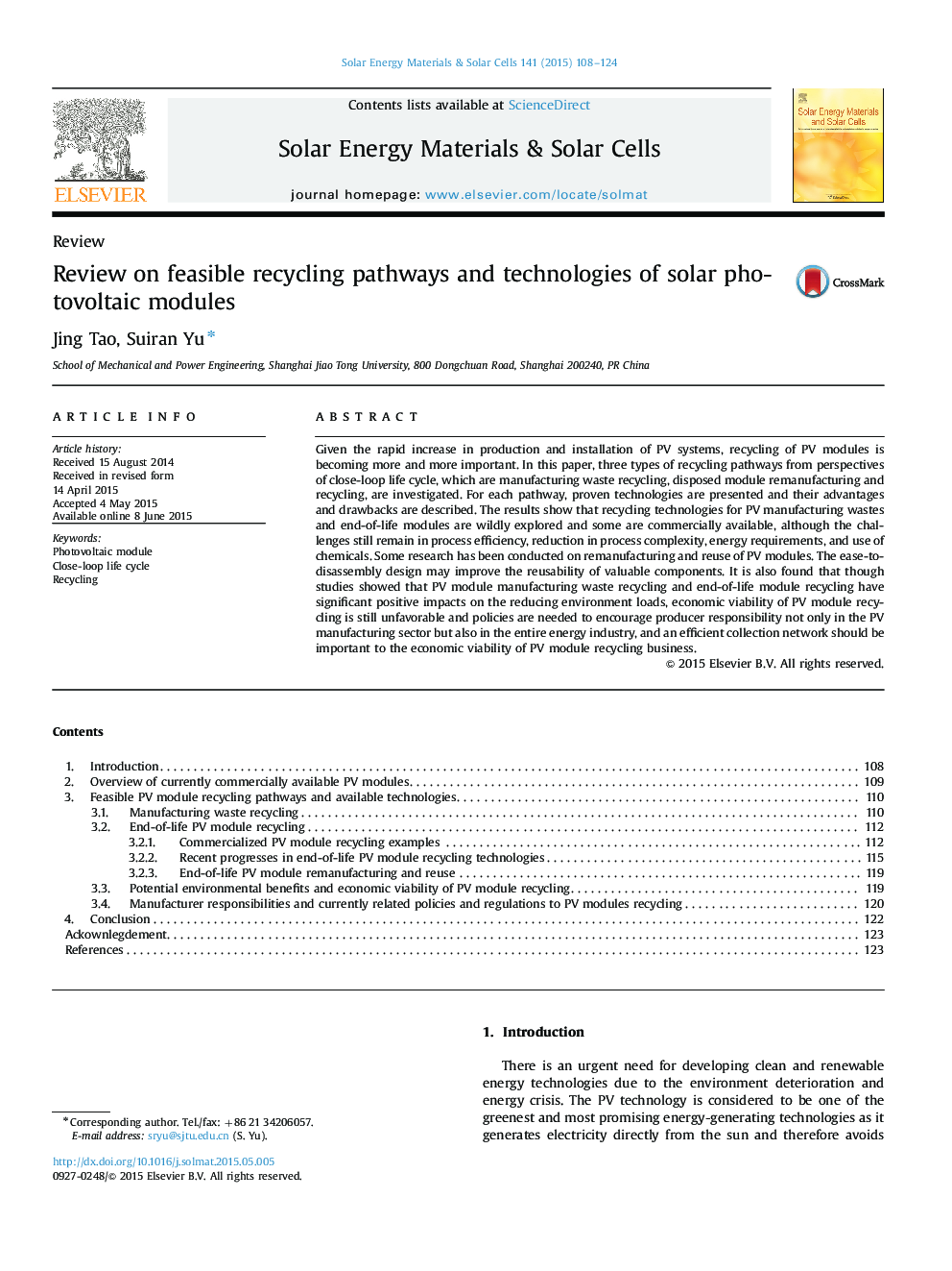 Review on feasible recycling pathways and technologies of solar photovoltaic modules