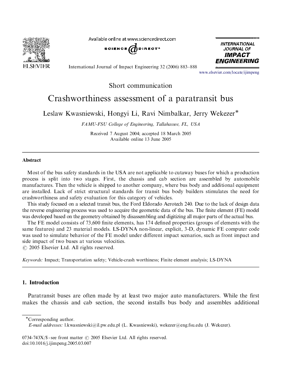 عکس صفحه اول مقاله: Crashworthiness assessment of a paratransit bus Crashworthiness assessment of a paratransit bus
