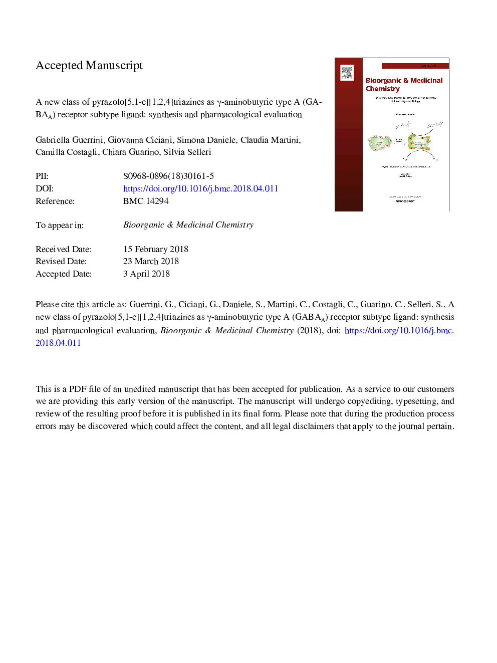 A new class of pyrazolo[5,1-c][1,2,4]triazines as Î³-aminobutyric type A (GABAA) receptor subtype ligand: synthesis and pharmacological evaluation