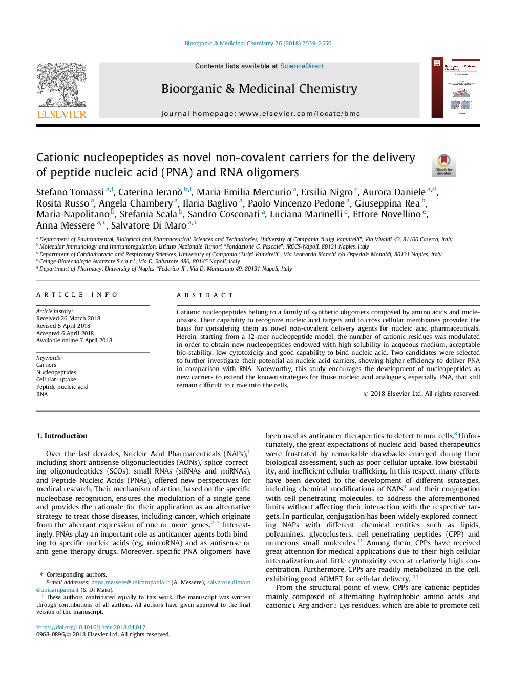 Cationic nucleopeptides as novel non-covalent carriers for the delivery of peptide nucleic acid (PNA) and RNA oligomers