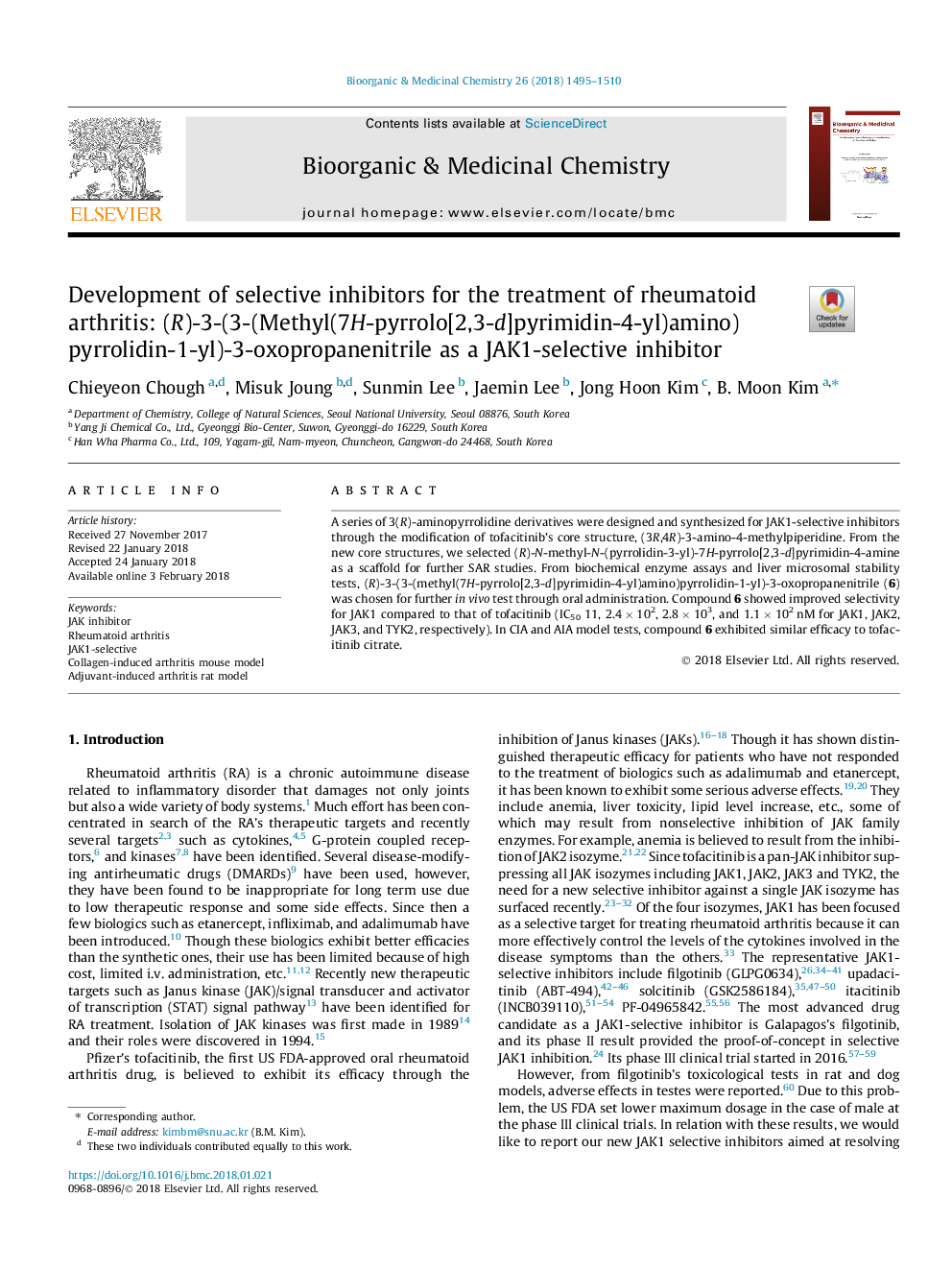 Development of selective inhibitors for the treatment of rheumatoid arthritis: (R)-3-(3-(Methyl(7H-pyrrolo[2,3-d]pyrimidin-4-yl)amino)pyrrolidin-1-yl)-3-oxopropanenitrile as a JAK1-selective inhibitor