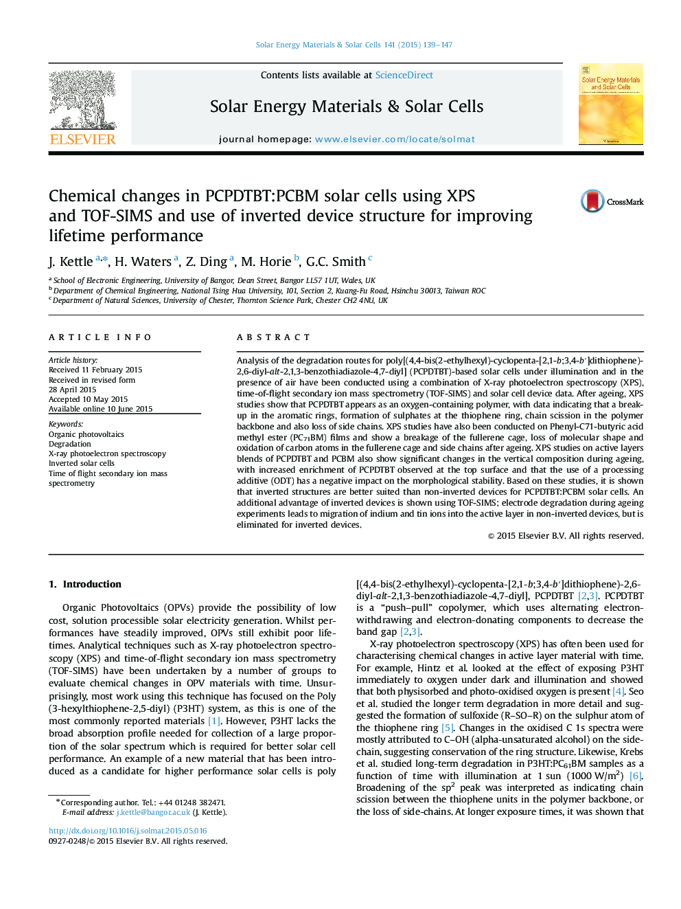 Chemical changes in PCPDTBT:PCBM solar cells using XPS and TOF-SIMS and use of inverted device structure for improving lifetime performance