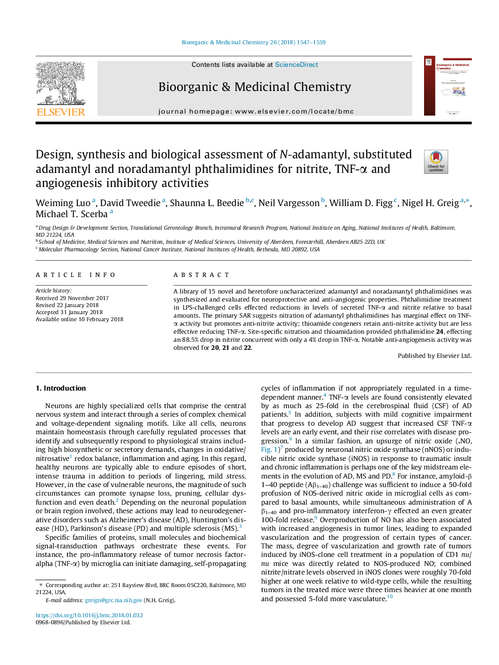 عکس صفحه اول مقاله: Design, synthesis and biological assessment of N-adamantyl, substituted adamantyl and noradamantyl phthalimidines for nitrite, TNF-α and angiogenesis inhibitory activities Design, synthesis and biological assessment of N-adamantyl, substituted adamantyl and noradamantyl phthalimidines for nitrite, TNF-α and angiogenesis inhibitory activities
