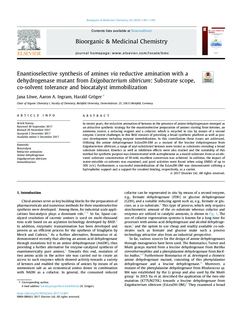 Enantioselective synthesis of amines via reductive amination with a dehydrogenase mutant from Exigobacterium sibiricum: Substrate scope, co-solvent tolerance and biocatalyst immobilization