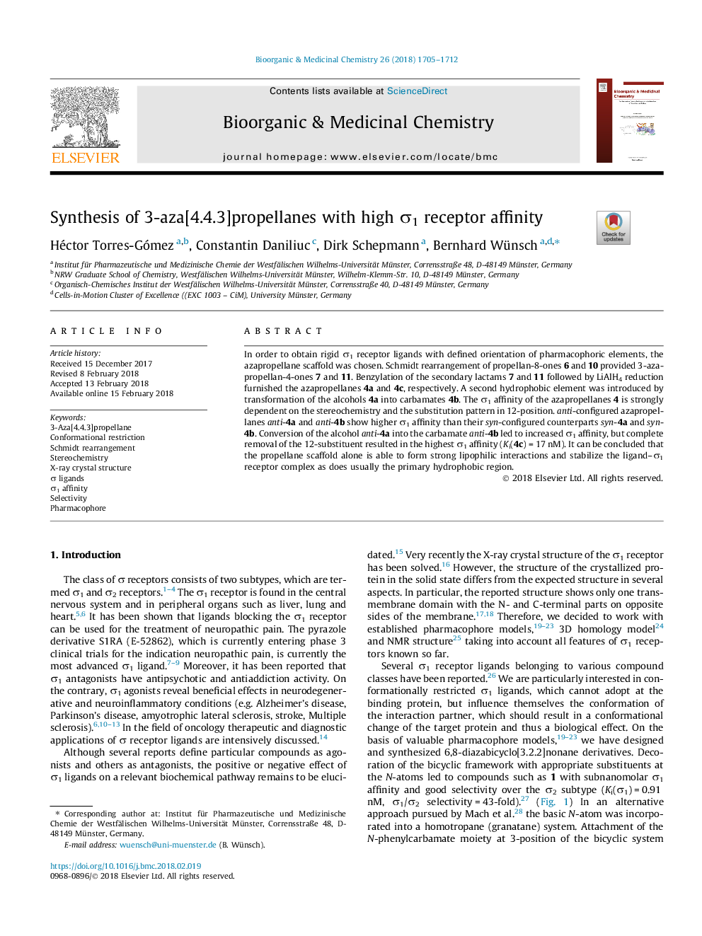 Synthesis of 3-aza[4.4.3]propellanes with high Ï1 receptor affinity