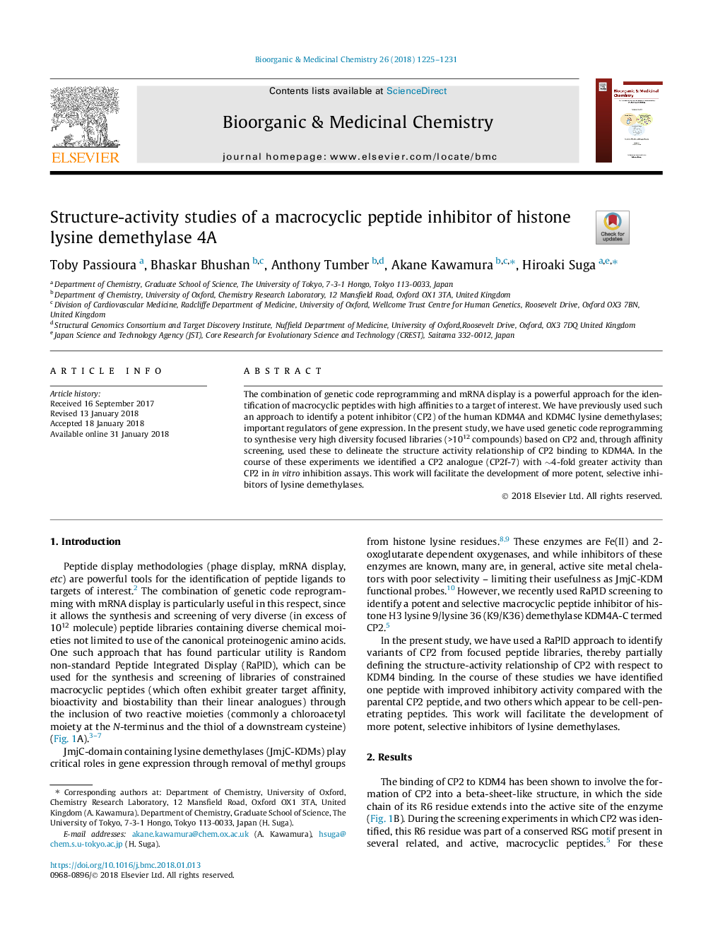 عکس صفحه اول مقاله: Structure-activity studies of a macrocyclic peptide inhibitor of histone lysine demethylase 4A Structure-activity studies of a macrocyclic peptide inhibitor of histone lysine demethylase 4A