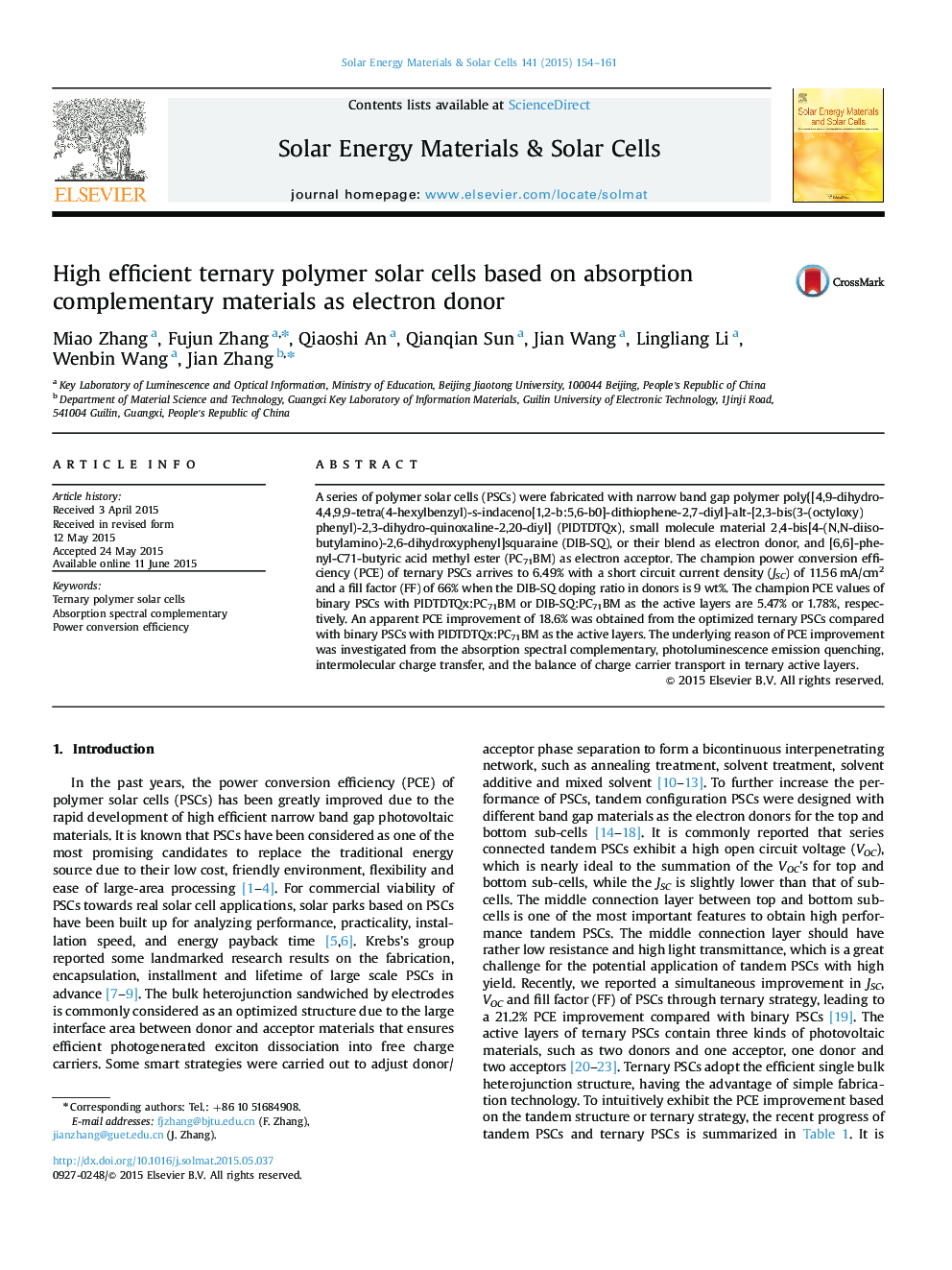 High efficient ternary polymer solar cells based on absorption complementary materials as electron donor