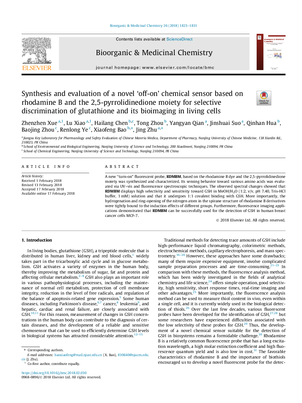 عکس صفحه اول مقاله: Synthesis and evaluation of a novel 'off-on' chemical sensor based on rhodamine B and the 2,5-pyrrolidinedione moiety for selective discrimination of glutathione and its bioimaging in living cells Synthesis and evaluation of a novel 'off-on' chemical sensor based on rhodamine B and the 2,5-pyrrolidinedione moiety for selective discrimination of glutathione and its bioimaging in living cells