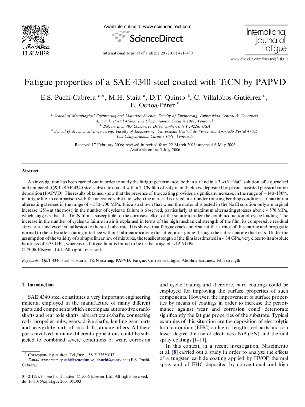 Fatigue properties of a SAE 4340 steel coated with TiCN by PAPVD