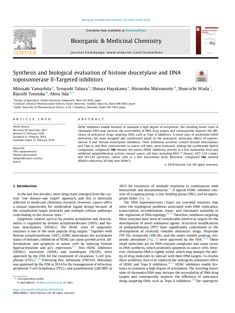 Synthesis and biological evaluation of histone deacetylase and DNA topoisomerase II-Targeted inhibitors