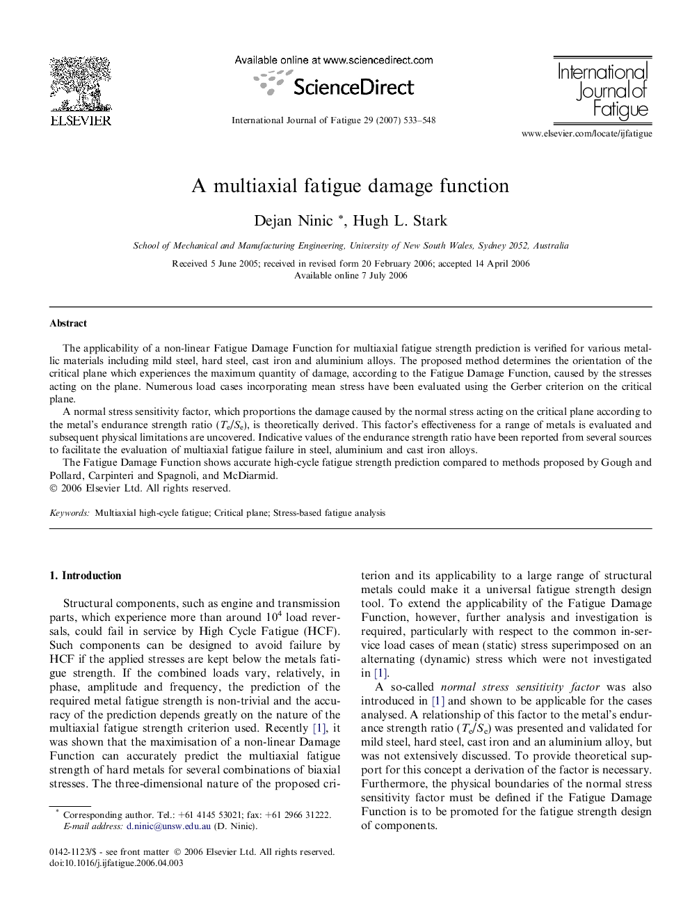 A multiaxial fatigue damage function