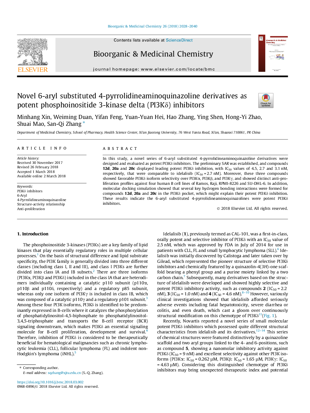 Novel 6-aryl substituted 4-pyrrolidineaminoquinazoline derivatives as potent phosphoinositide 3-kinase delta (PI3KÎ´) inhibitors