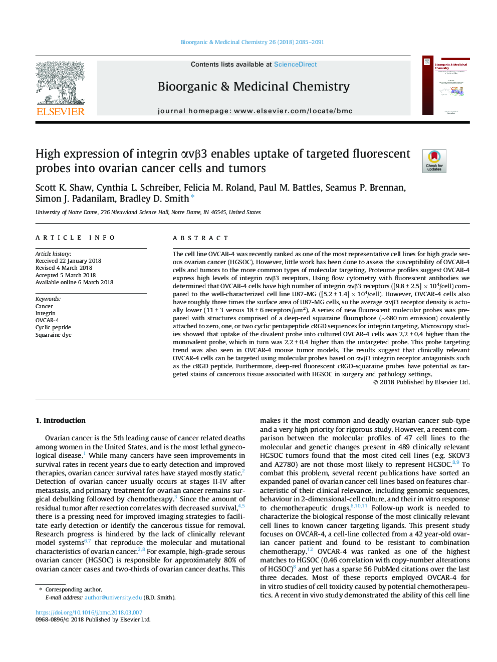 High expression of integrin Î±vÎ²3 enables uptake of targeted fluorescent probes into ovarian cancer cells and tumors