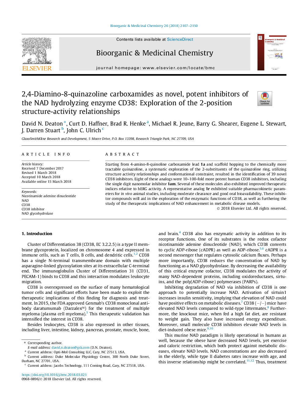 2,4-Diamino-8-quinazoline carboxamides as novel, potent inhibitors of the NAD hydrolyzing enzyme CD38: Exploration of the 2-position structure-activity relationships