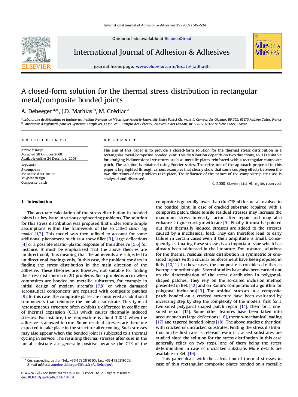 A closed-form solution for the thermal stress distribution in rectangular metal/composite bonded joints