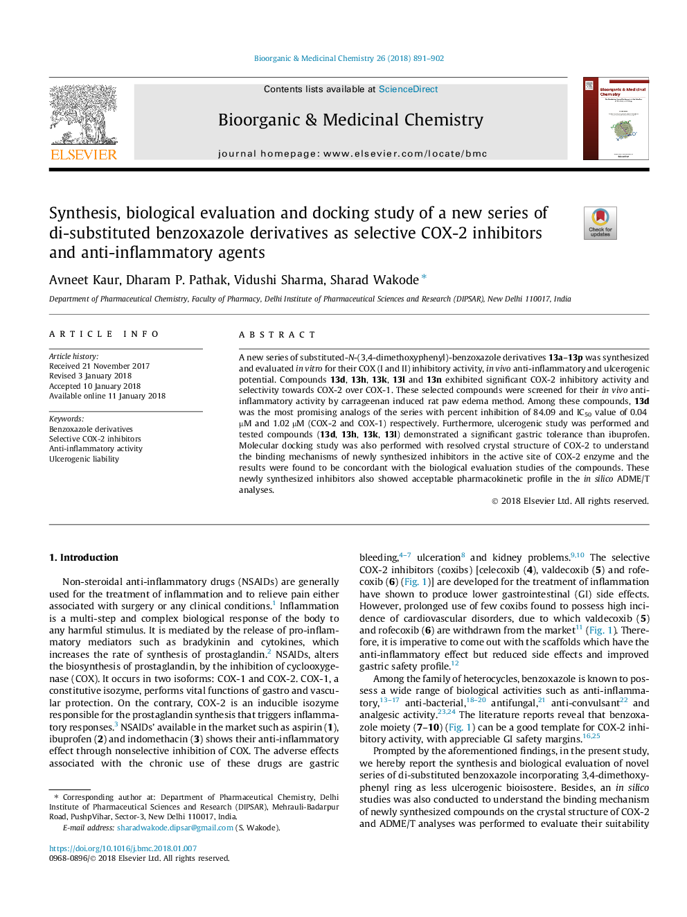 Synthesis, biological evaluation and docking study of a new series of di-substituted benzoxazole derivatives as selective COX-2 inhibitors and anti-inflammatory agents