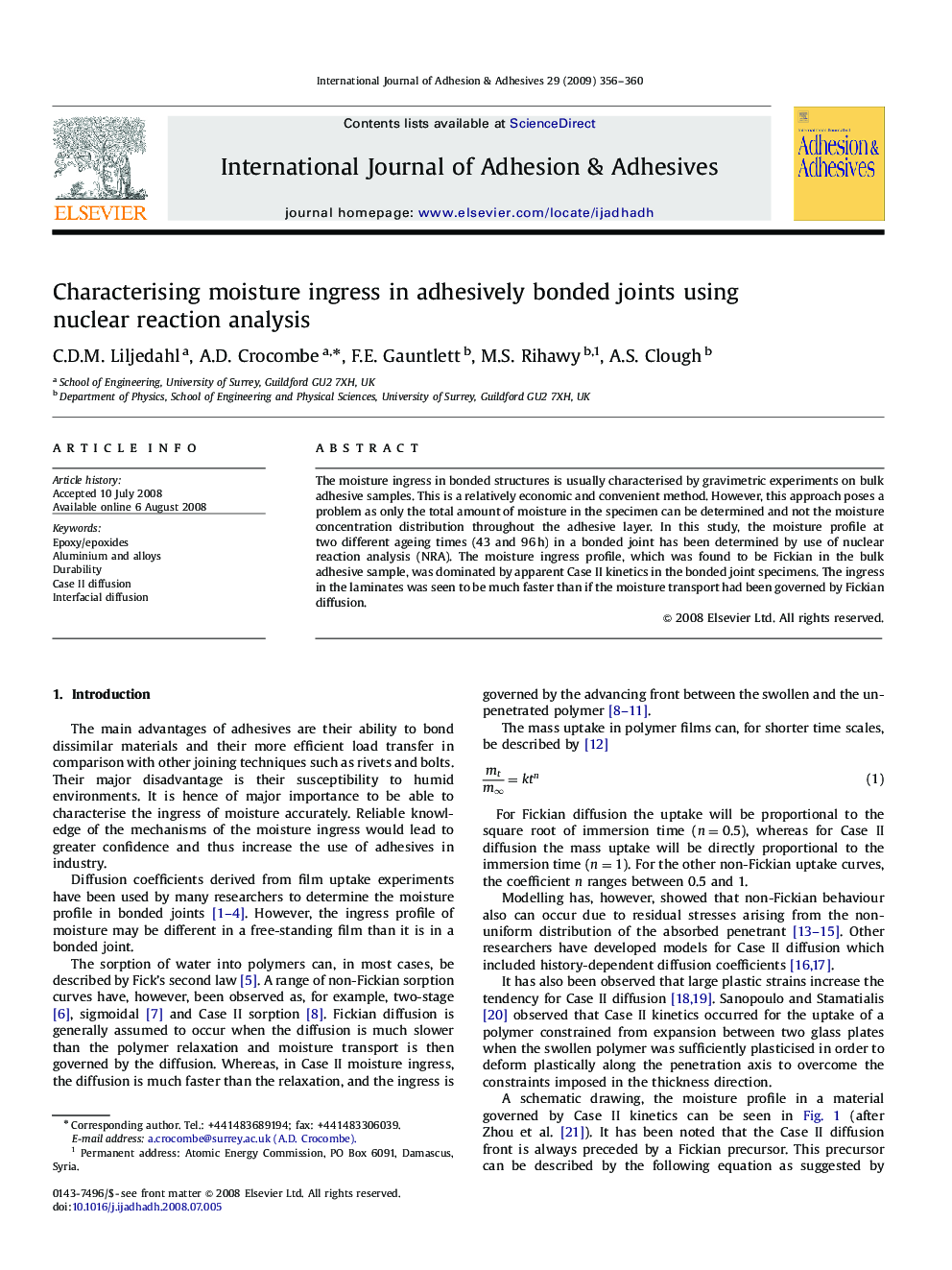 Characterising moisture ingress in adhesively bonded joints using nuclear reaction analysis