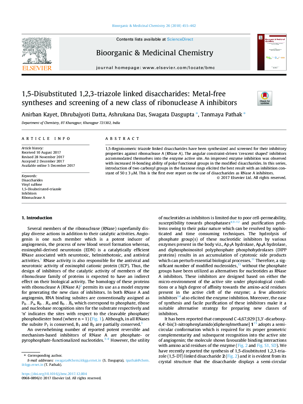 1,5-Disubstituted 1,2,3-triazole linked disaccharides: Metal-free syntheses and screening of a new class of ribonuclease A inhibitors