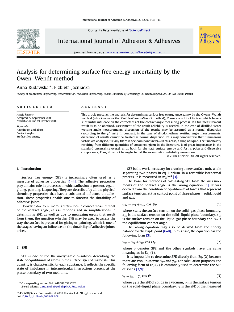 Analysis for determining surface free energy uncertainty by the Owen–Wendt method