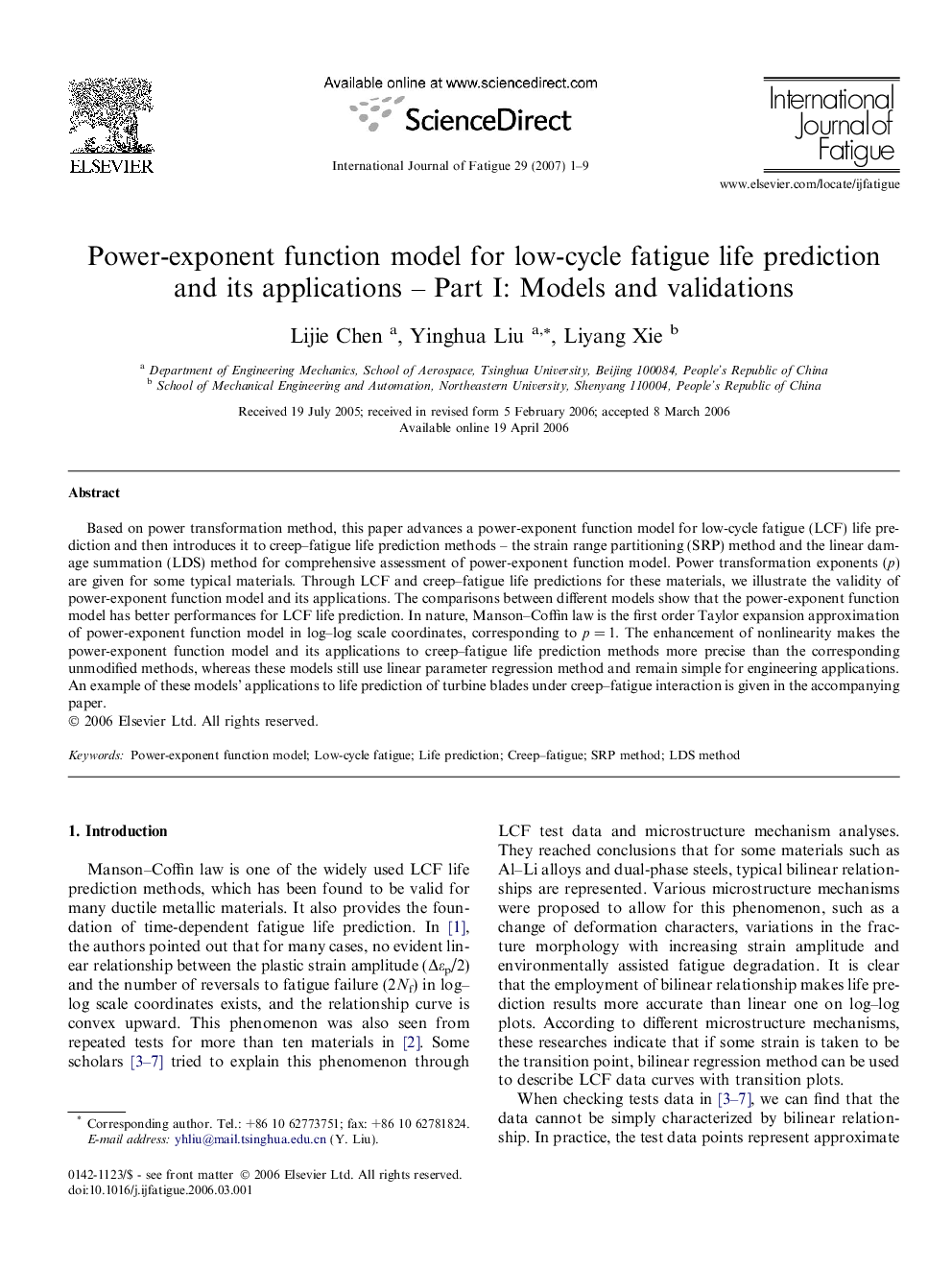 Power-exponent function model for low-cycle fatigue life prediction and its applications – Part I: Models and validations