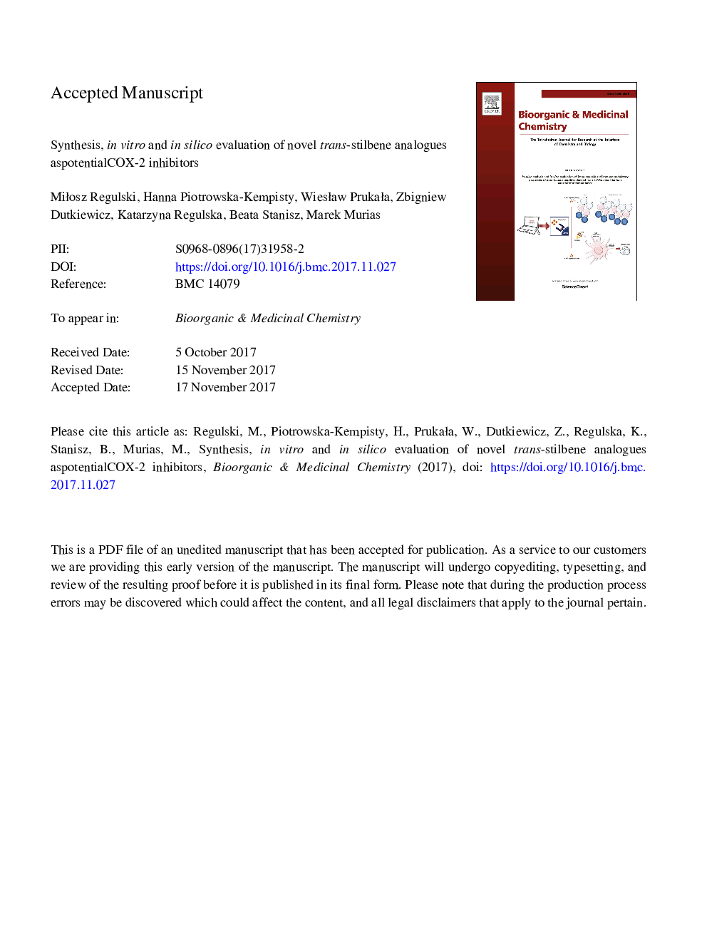 عکس صفحه اول مقاله: Synthesis, in vitro and in silico evaluation of novel trans-stilbene analogues as potential COX-2 inhibitors Synthesis, in vitro and in silico evaluation of novel trans-stilbene analogues as potential COX-2 inhibitors