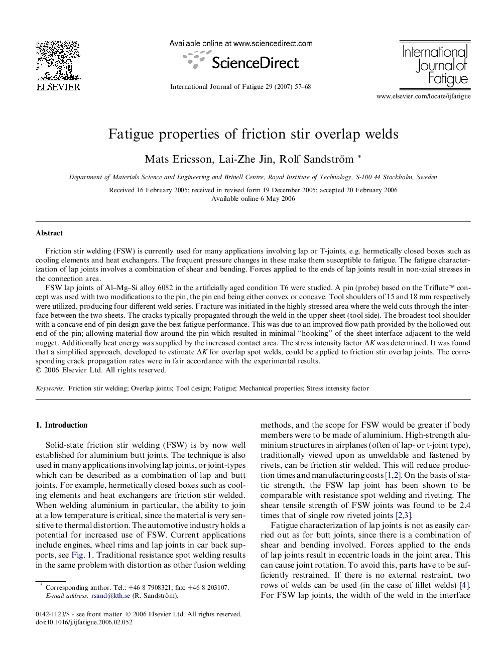 Fatigue properties of friction stir overlap welds