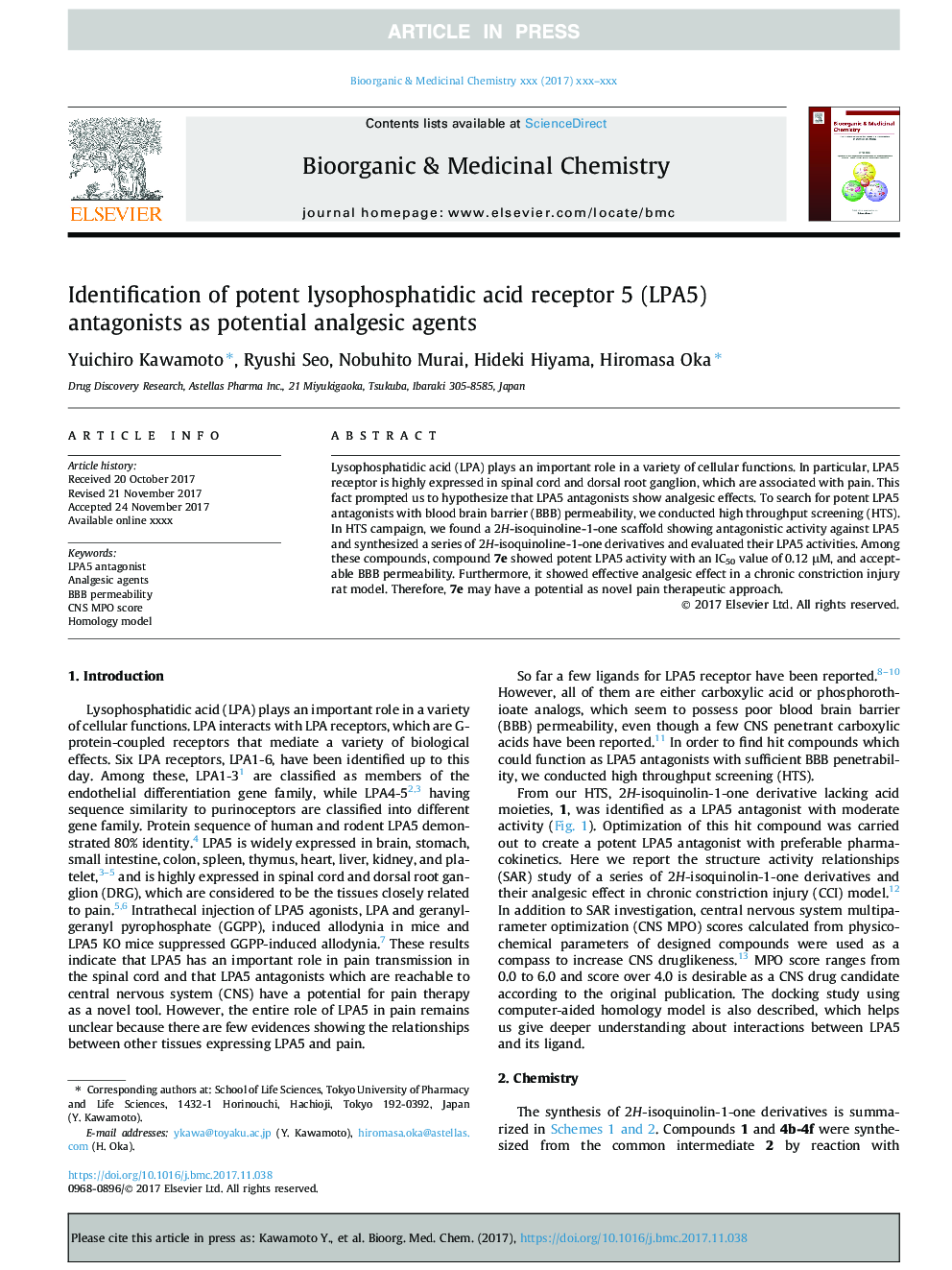 Identification of potent lysophosphatidic acid receptor 5 (LPA5) antagonists as potential analgesic agents