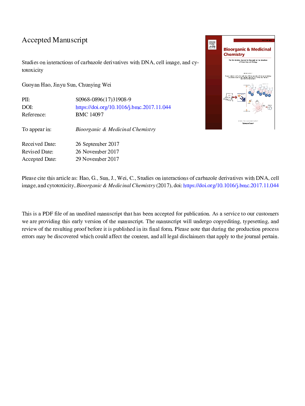 Studies on interactions of carbazole derivatives with DNA, cell image, and cytotoxicity