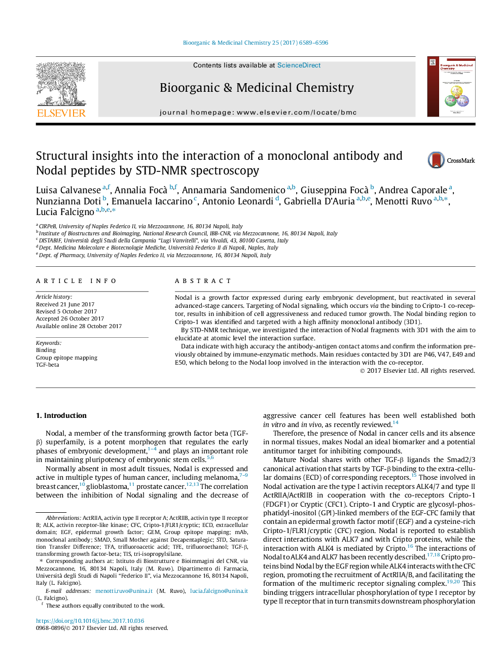 Structural insights into the interaction of a monoclonal antibody and Nodal peptides by STD-NMR spectroscopy